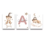 3 pçs/set boêmio urso de pelúcia animal personalizado nome do bebê berçário cartaz da lona estrela nuvem aniversário arte da parede impressão para decoração casa