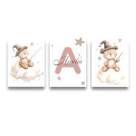 3 pçs/set boêmio urso de pelúcia animal personalizado nome do bebê berçário cartaz da lona estrela nuvem aniversário arte da parede impressão para decoração casa