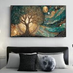 Pintura em tela de árvore celestial da vida, sol e lua, pôster cósmico, impressão para sala de estar, decoração de casa, arte abstrata de parede de árvore