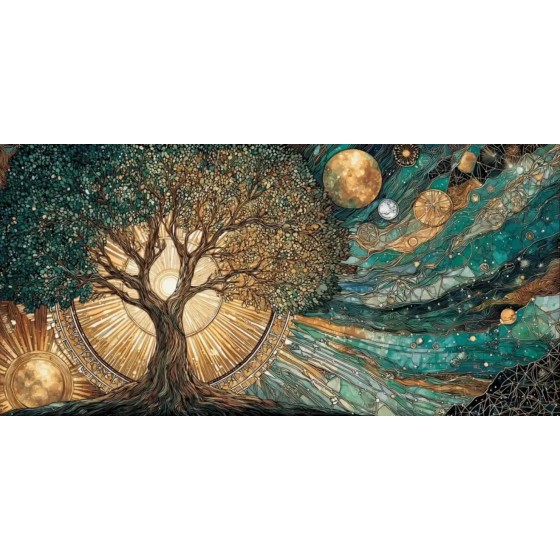 Pintura em tela de árvore celestial da vida, sol e lua, pôster cósmico, impressão para sala de estar, decoração de casa, arte abstrata de parede de árvore