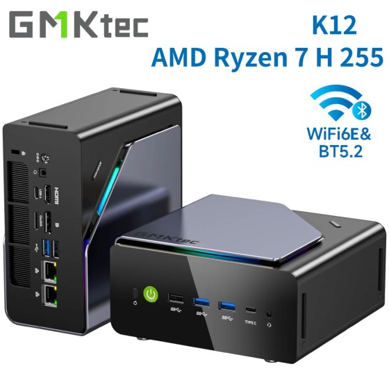 GMKtec K12 Gaming Mini PC AMD Ryzen 7 H 255 (atualizado 8745HS) Mini computadores desktop Radeon 780M WiFi 6E/BT5.2, USB-C, Barebone