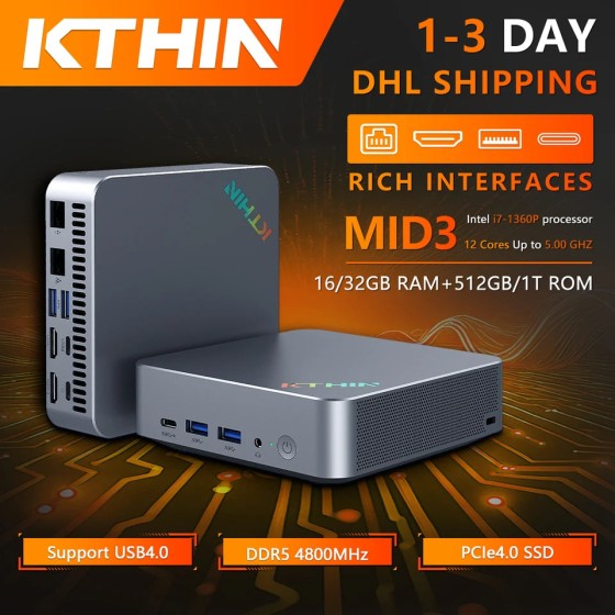 KTHIN MID3 Mini PC i7-1360P 5.0GHz WIFI6 BT5.2 Mini Computador DDR5 16GB RAM 512GB ROM 2.5G LAN USB4.0 Mini Computador Desktop