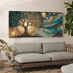Pintura em tela de árvore celestial da vida, sol e lua, pôster cósmico, impressão para sala de estar, decoração de casa, arte abstrata de parede de árvore